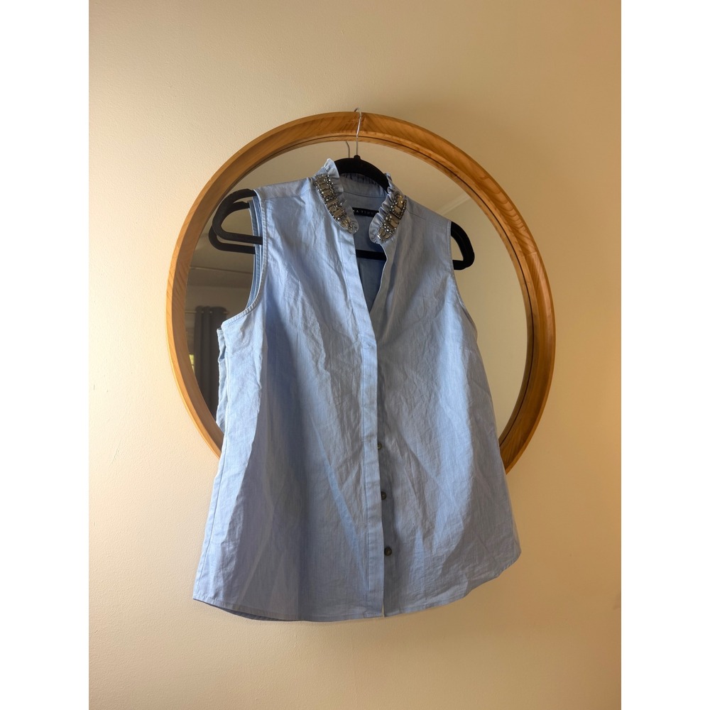 Ivanka Trump Blouse Women Small Blue‎ Excellent Jeweled Ruffle Collar Sleeveless